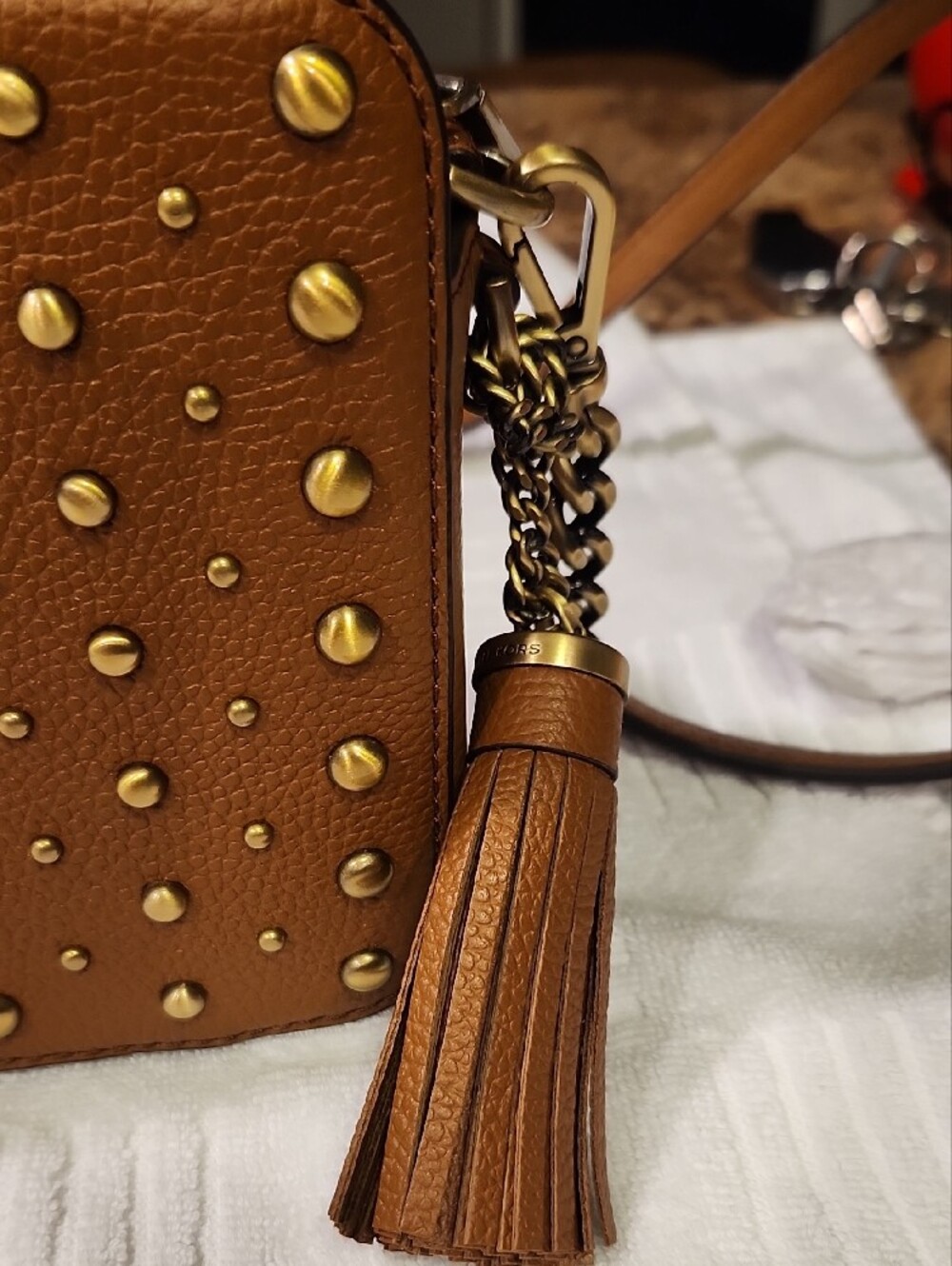 Michael Kors Tan Studded Leather Crossbody with Tassel - Picture 2 of 10